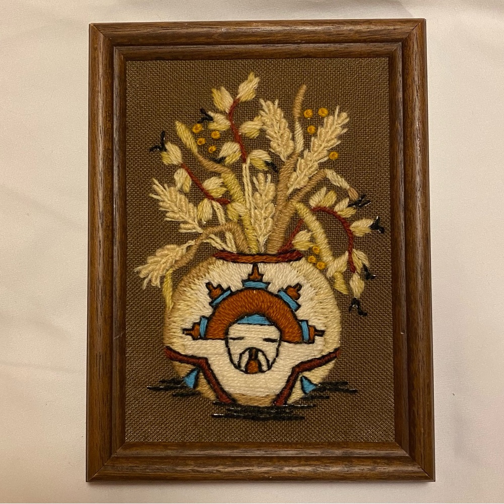 Vintage Embroidered Framed Art- Native American/American Indian Pottery